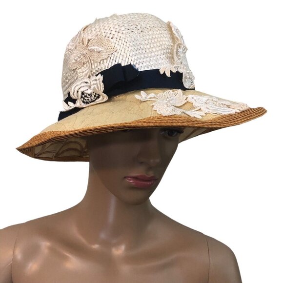 Vintage 1960S/70S Cream Tan Laurel Lace Appliqué Woven Sun Hat - Picture 2 of 10